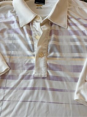 Greg Norman Collection White Polo with Purple and Yellow Stripe